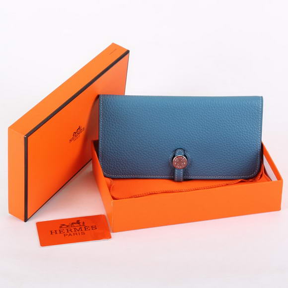 1:1 Quality Hermes Dogon Togo Leather Wallet Travel Case A808 Blue Replica - Click Image to Close